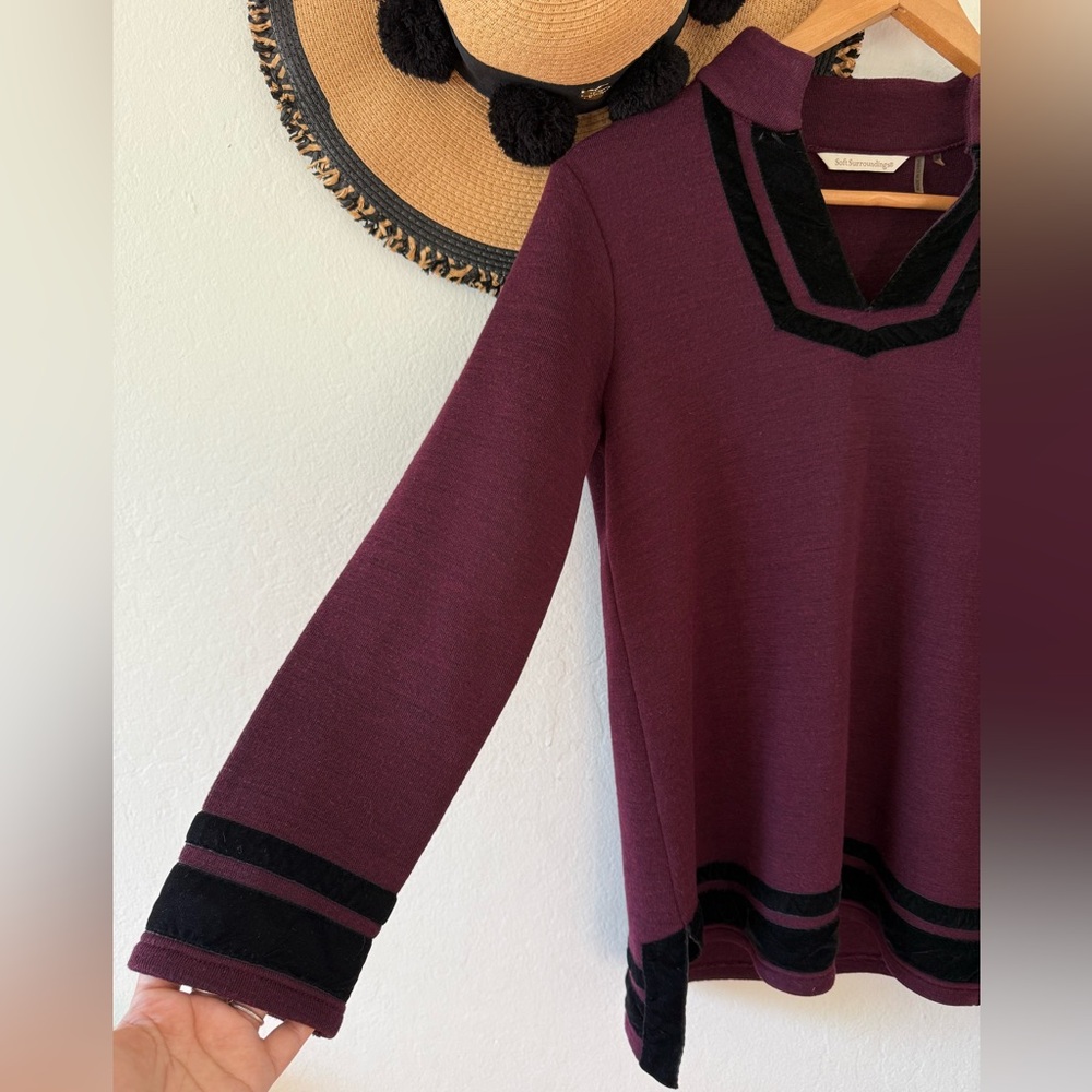 Soft Surroundings Runway Merlot Black Velvet Trim Wool Blend Tunic Sweater Small - Picture 10 of 13